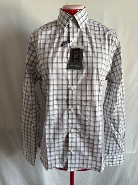 Van Heusen White Plaid Long Sleeve Dress Shirt with Gray and Black Windowpane